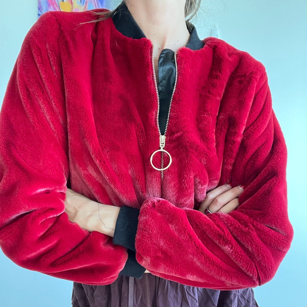 Red Faux Fur Jacket Cropped Small